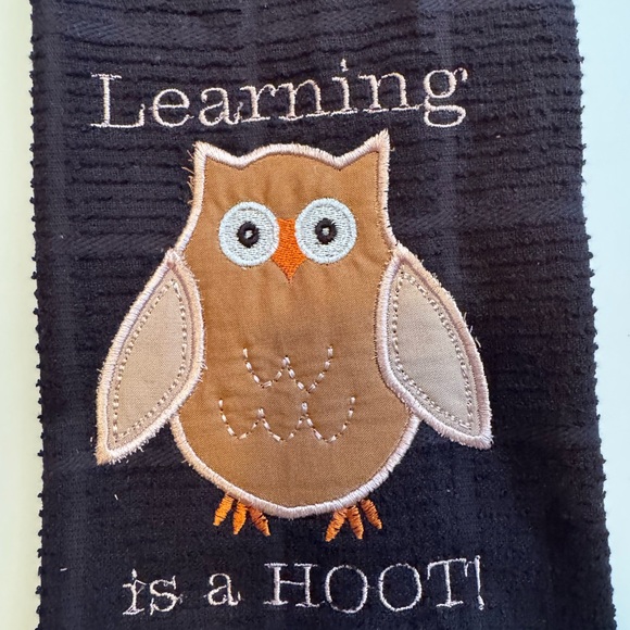 Teacher appreciation gift  Black Embroidered Kitchen Towels with Owl and Apple - Picture 5 of 9